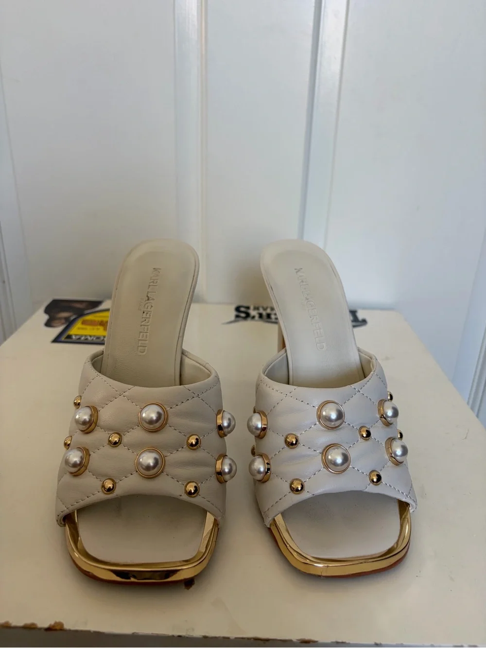 Karl Lagerfeld Ivory Pearl & Gold Stud High Heel Mules